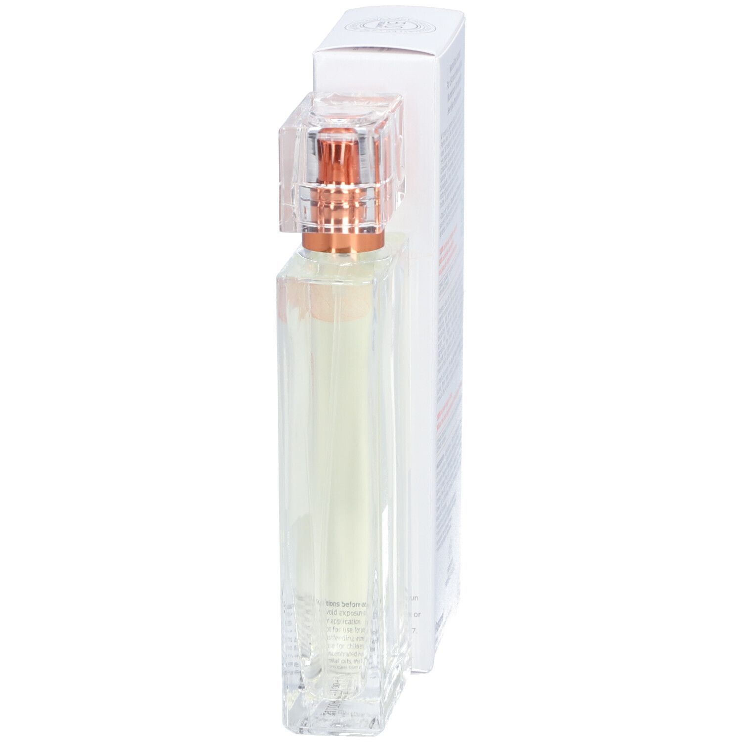 Flacone di profumo Florame e confezione. Vista laterale. Scritta: Fleur d'Oranger Merveilleuse, Eau de Parfum.