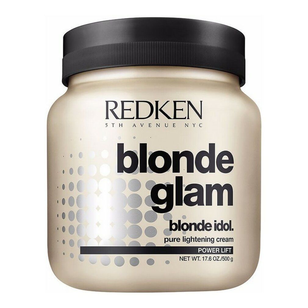 Barattolo beige con coperchio nero. Scritta: REDKEN, blonde glam, blonde idol, pure lightening cream, Power Lift. Peso: 17.6 OZ/500g.