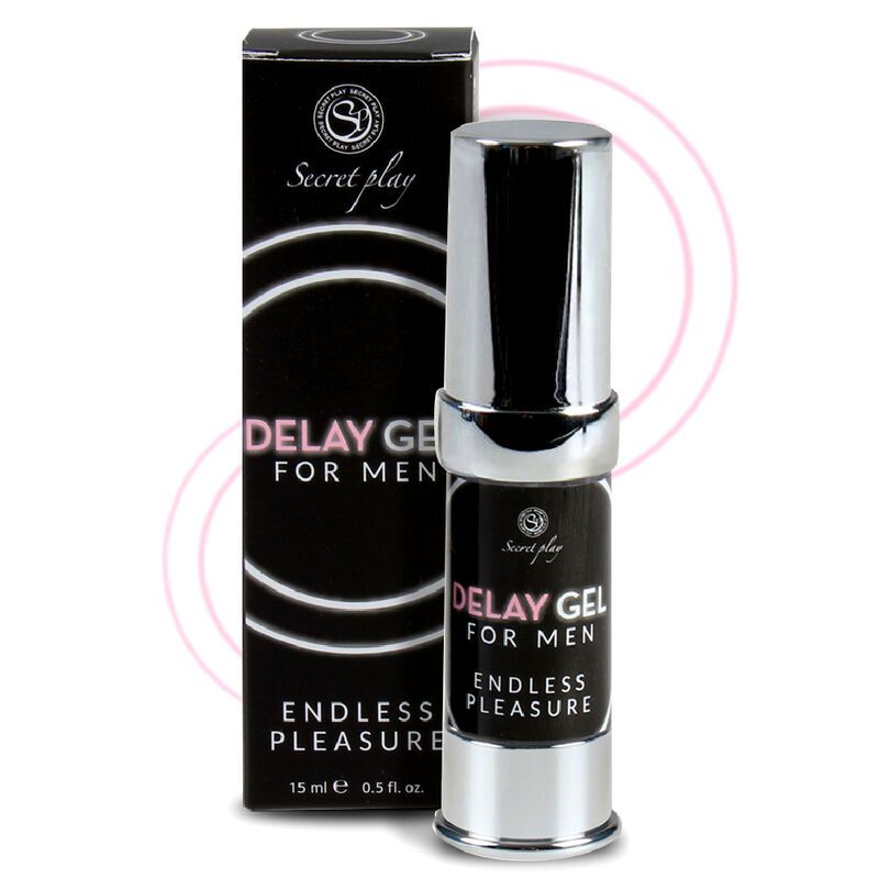Flacone e confezione Secret Play Delay Gel for Men. Flacone argentato con tappo nero.