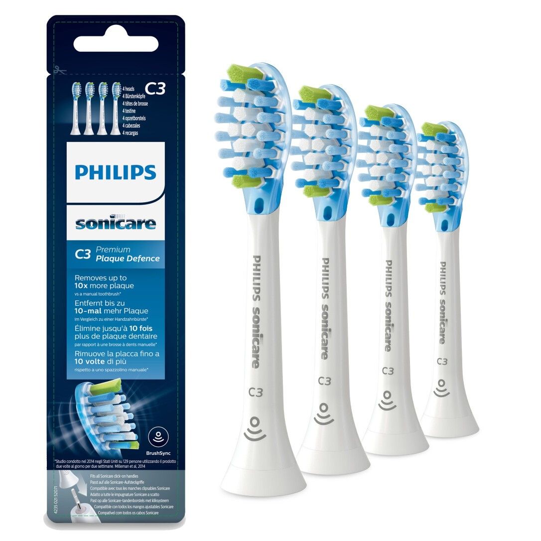 Confezione con quattro testine Philips Sonicare C3. Confezione nera con informazioni sul prodotto.