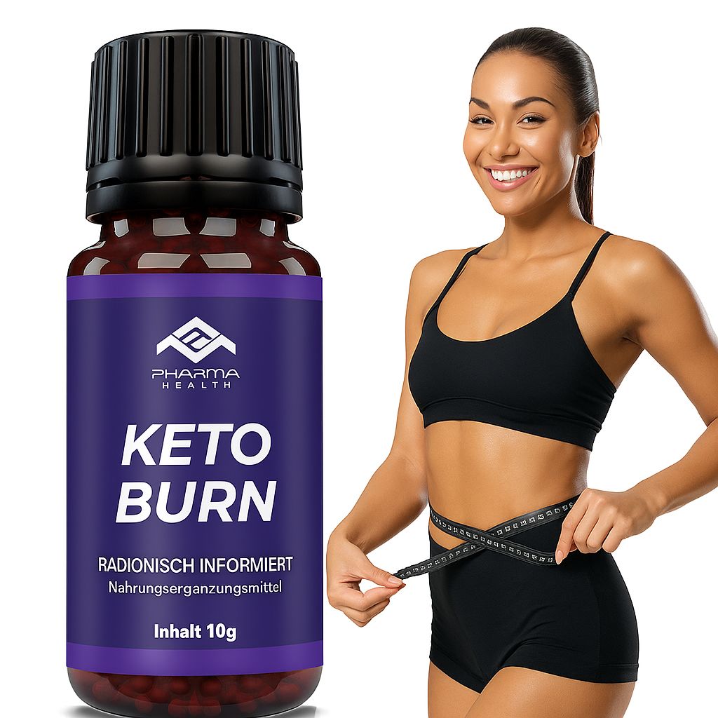 Flacone di vetro marrone con tappo nero. Etichetta viola con testo bianco: Pharma Health, Keto Burn, integratore alimentare, contenuto 10g. Donna misura la vita.