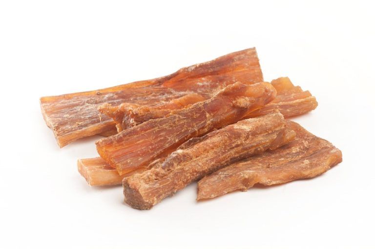 Diversi pezzi di tendine essiccate, rettangolari. Colore marrone chiaro, forma irregolare. Su sfondo bianco.