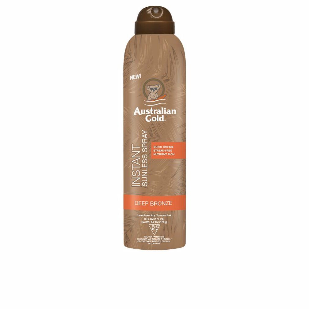 Bomboletta spray Australian Gold Instant Sunless Spray Deep Bronze. Latta marrone con scritte bianche.