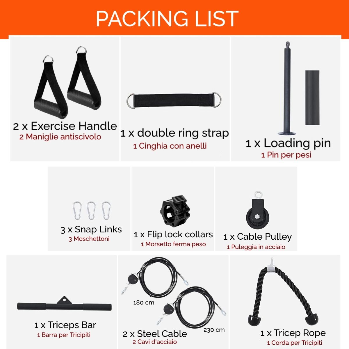 Lista di imballaggio del sistema di allenamento fitness. Include maniglie, cinghia ad anelli, barra, moschettoni, collari, puleggia, cavi e corda.