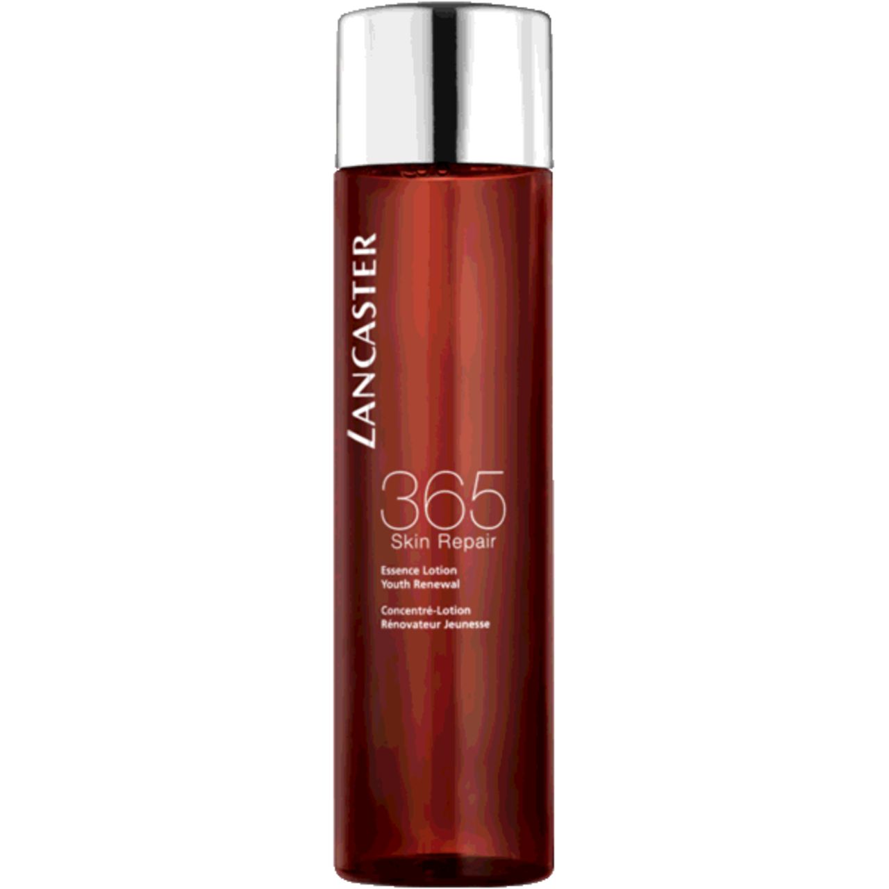 Lancaster 365 Skin Repair Essence Lotion. Flacone marrone con tappo argentato. Nome e dettagli del prodotto sul flacone.