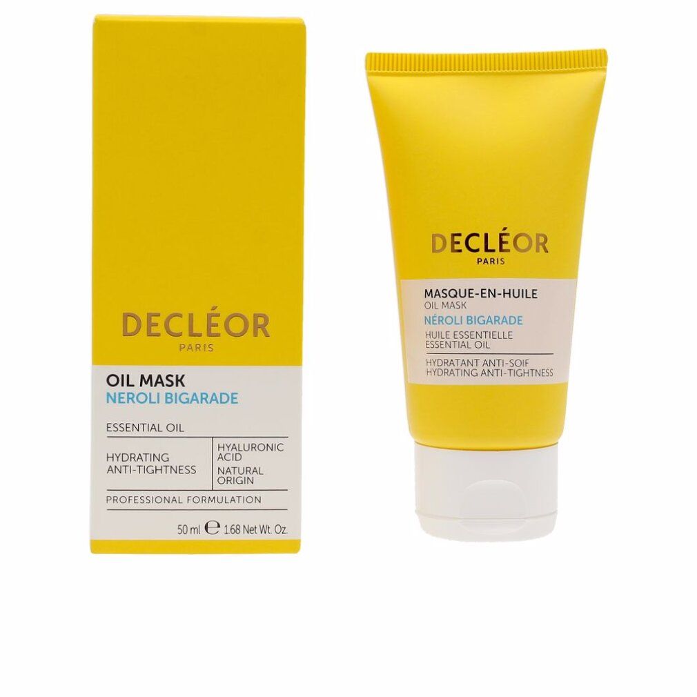 Scatola e tubo gialli. Scritta: Decleor, Oil Mask, Neroli Bigarade, 50ml.