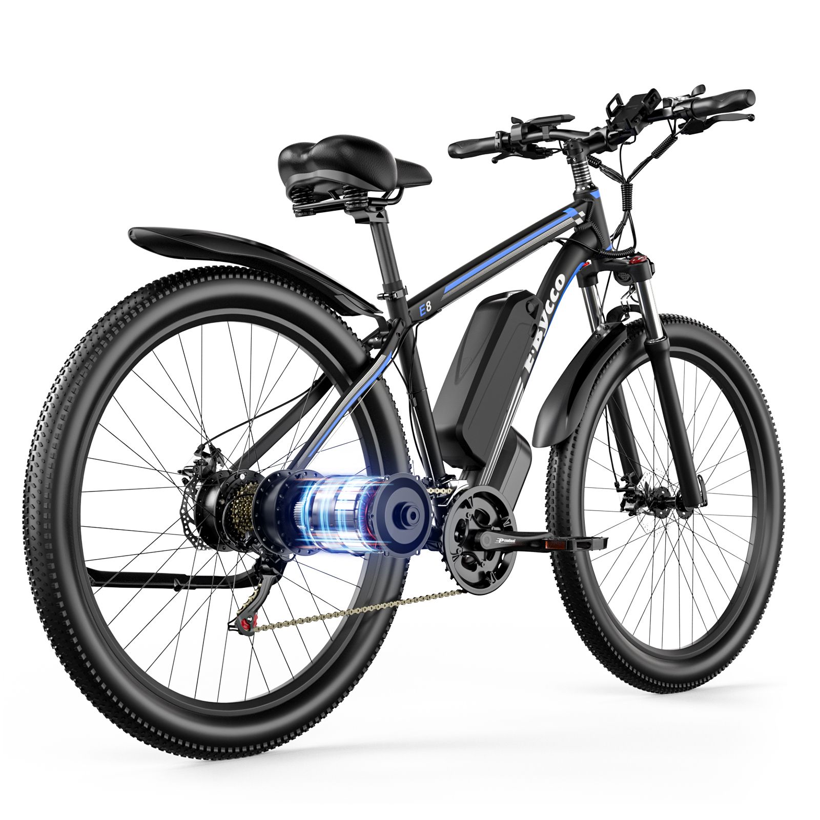 E-bike con telaio nero, dettagli blu e motore visibile. Pneumatici e parafanghi neri. Logo E·Bycco.