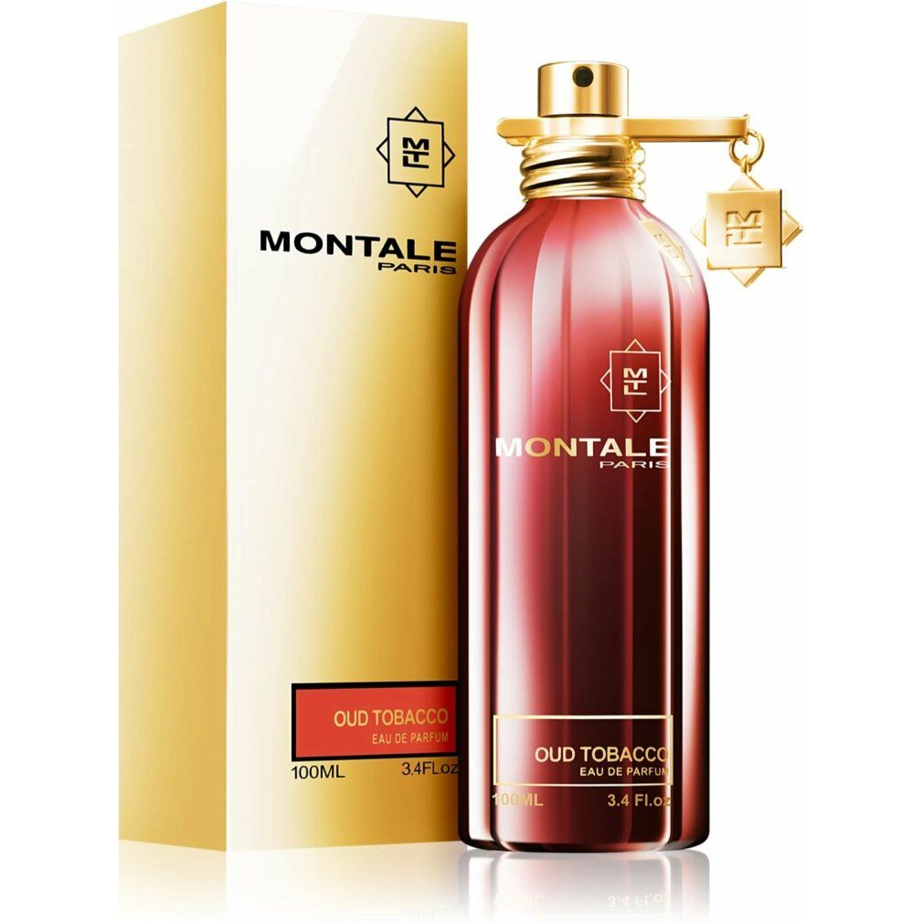 Flacone rosso e confezione dorata. Scritta: MONTALE PARIS, Oud Tobacco, Eau de Parfum. Flacone e scatola.
