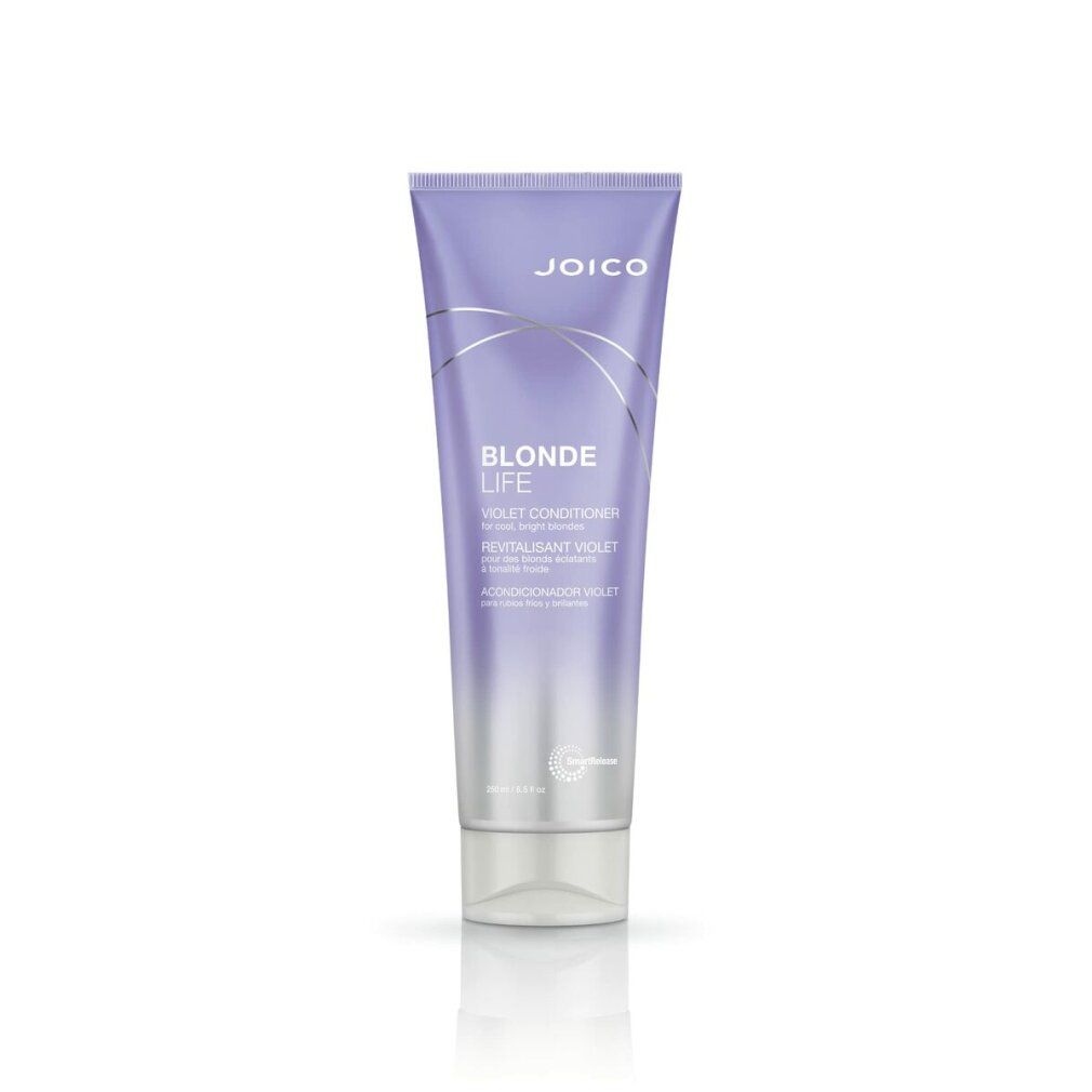 Conditioner viola in tubo. Marchio JOICO. Scritta Blonde Life. Nome del prodotto e ingredienti stampati.