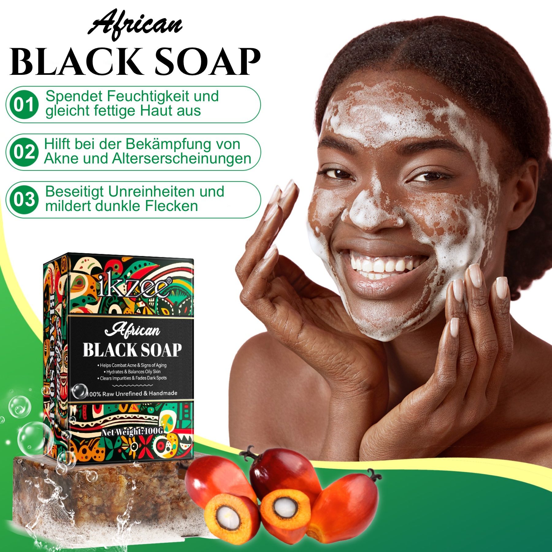 Donna con schiuma di sapone sul viso. Accanto, un pezzo di sapone e frutti di palma. Testo: African Black Soap. Aiuta contro l'acne.