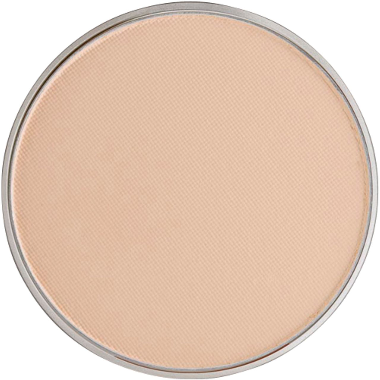 Ricarica di cipria compatta rotonda e chiara, bordo argentato. La cipria è di colore beige chiaro.