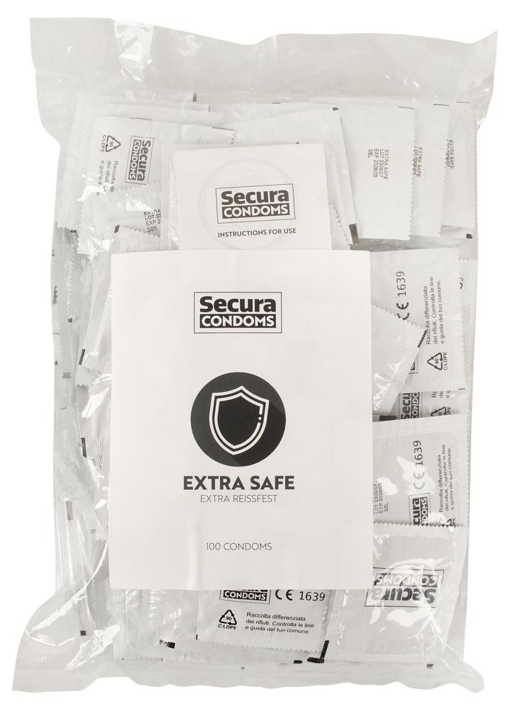 Confezione da 100 preservativi Secura Extra Safe, confezionati singolarmente. Fronte con logo e scudo.