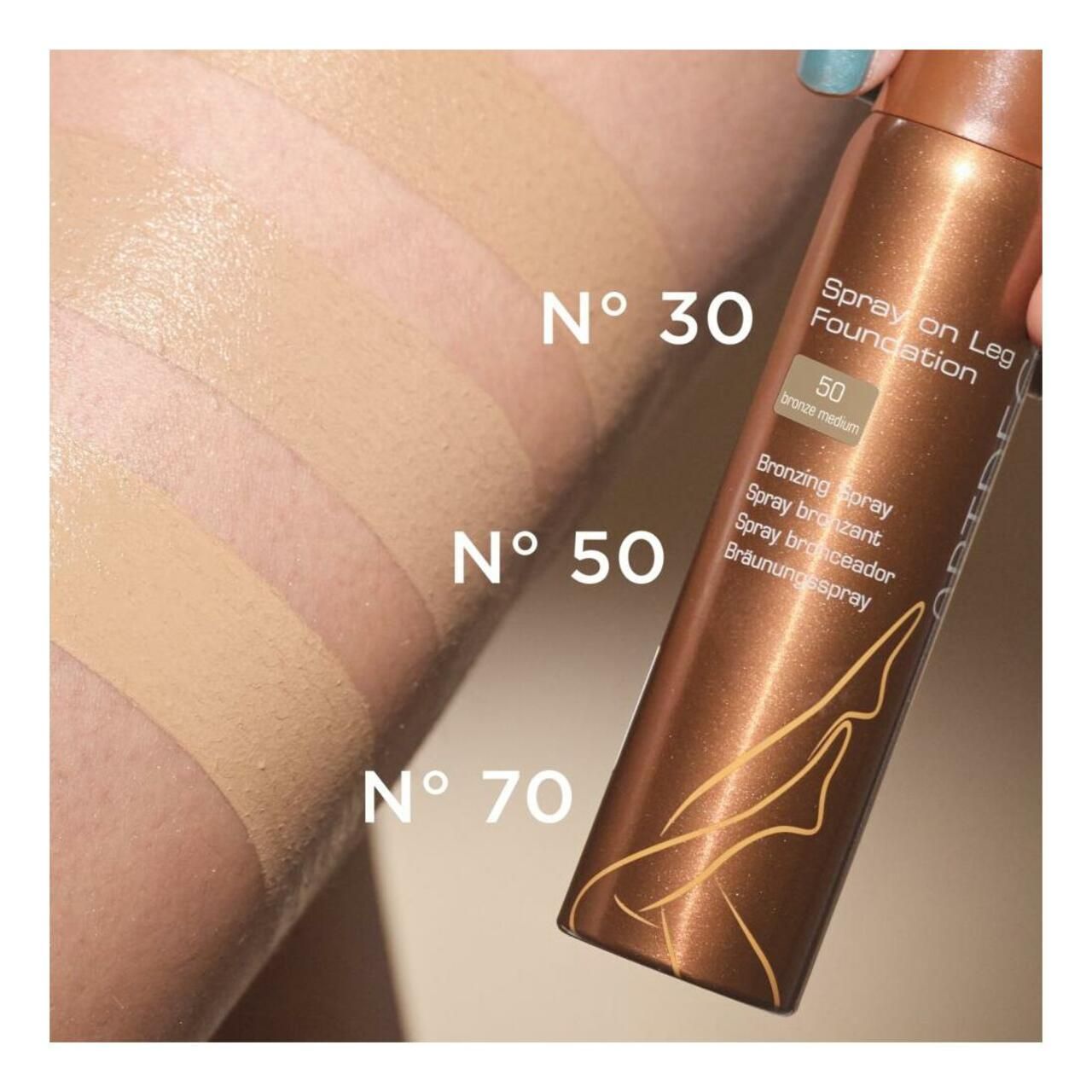 Gamba con tre tonalità di fondotinta Artdeco Spray on Leg Foundation. Numeri 30, 50 e 70.