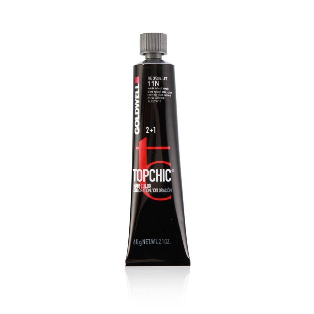 Tubo di colore per capelli Goldwell Topchic. Tubo nero con testo rosso. Peso: 60g.