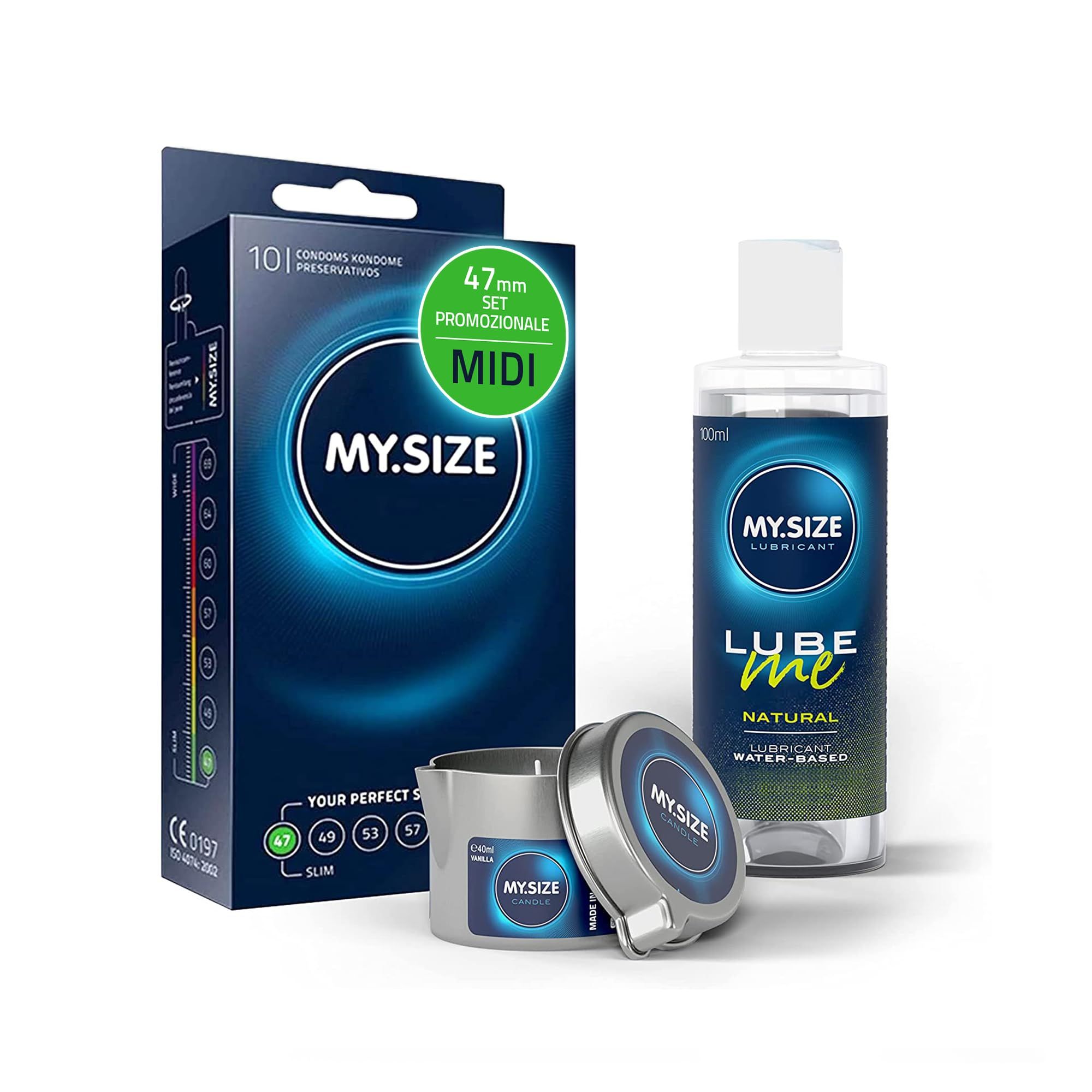 MY.SIZE PRO Preservativi + LUBE ME Natural + Body Candle Set