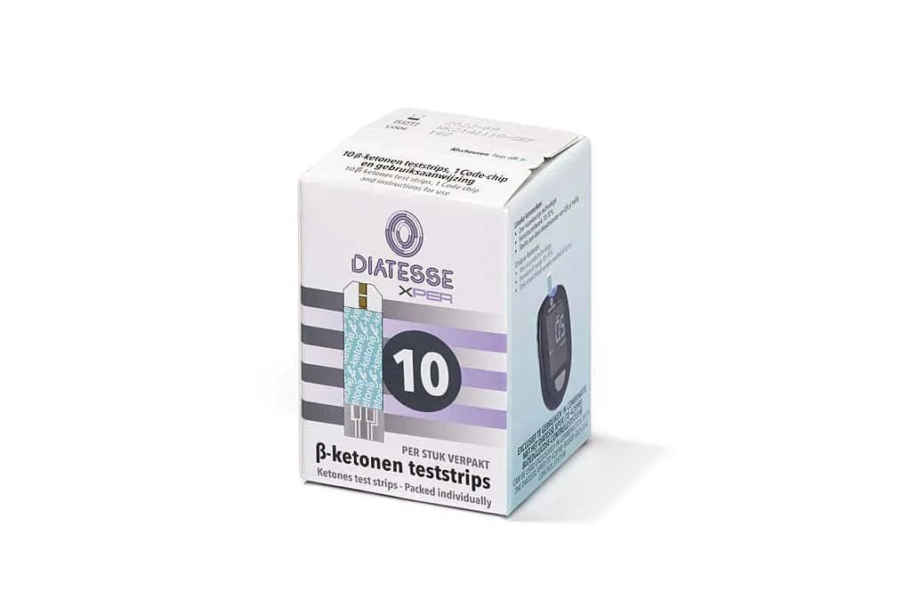 Confezione da 10 strisce reattive β-chetone Diatesse XPER. La confezione mostra una singola striscia reattiva e il logo Diatesse XPER.