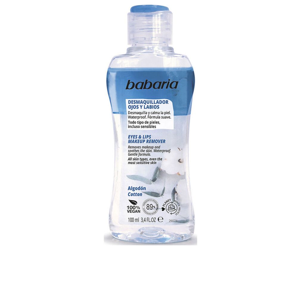 Flacone trasparente con contenuto blu e tappo blu. Scritta: Babaria, Desmaquillador Ojos y Labios. Vegano.