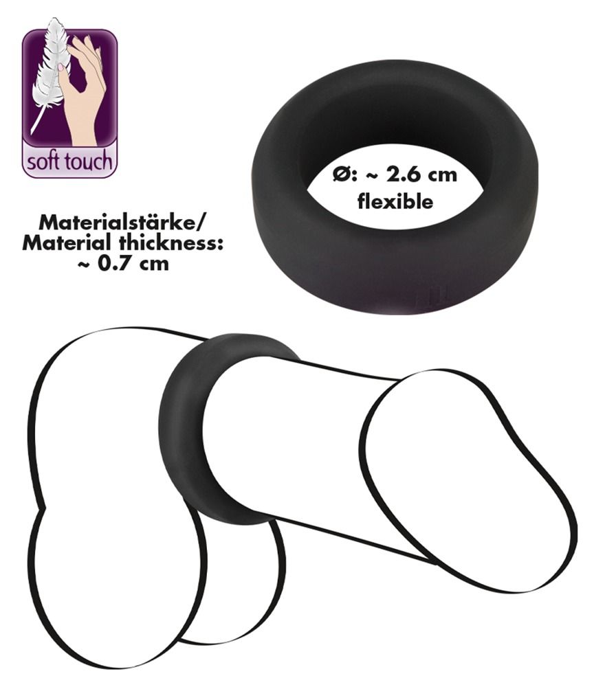 Illustrazione di un anello per pene (Ø 2.6 cm, flessibile, spessore 0.7 cm) su un pene.