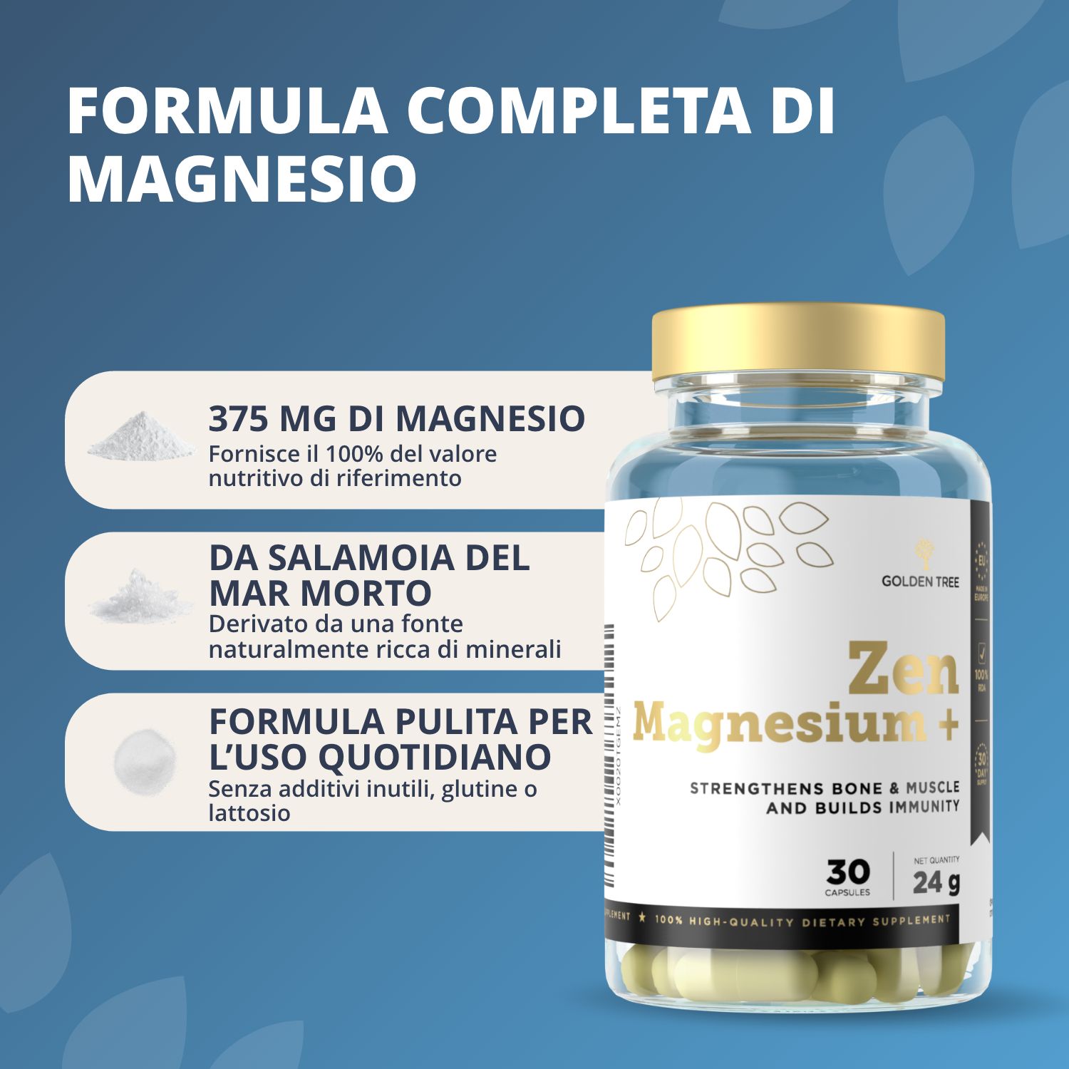 Flacone Zen Magnesium+ da 30 capsule, 375 mg di magnesio, da salamoia del Mar Morto.