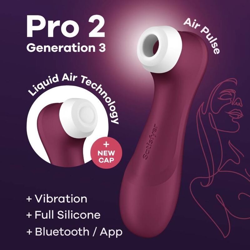 Dispositivo bordeaux con estremità bianca. Testo: Pro 2 Generation 3, Liquid Air Technology, + Vibration, + Bluetooth.
