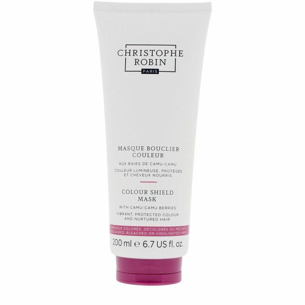 Tubo bianco con tappo viola. Testo: Christophe Robin, Masque Bouclier Couleur, Colour Shield Mask. 200 ml.