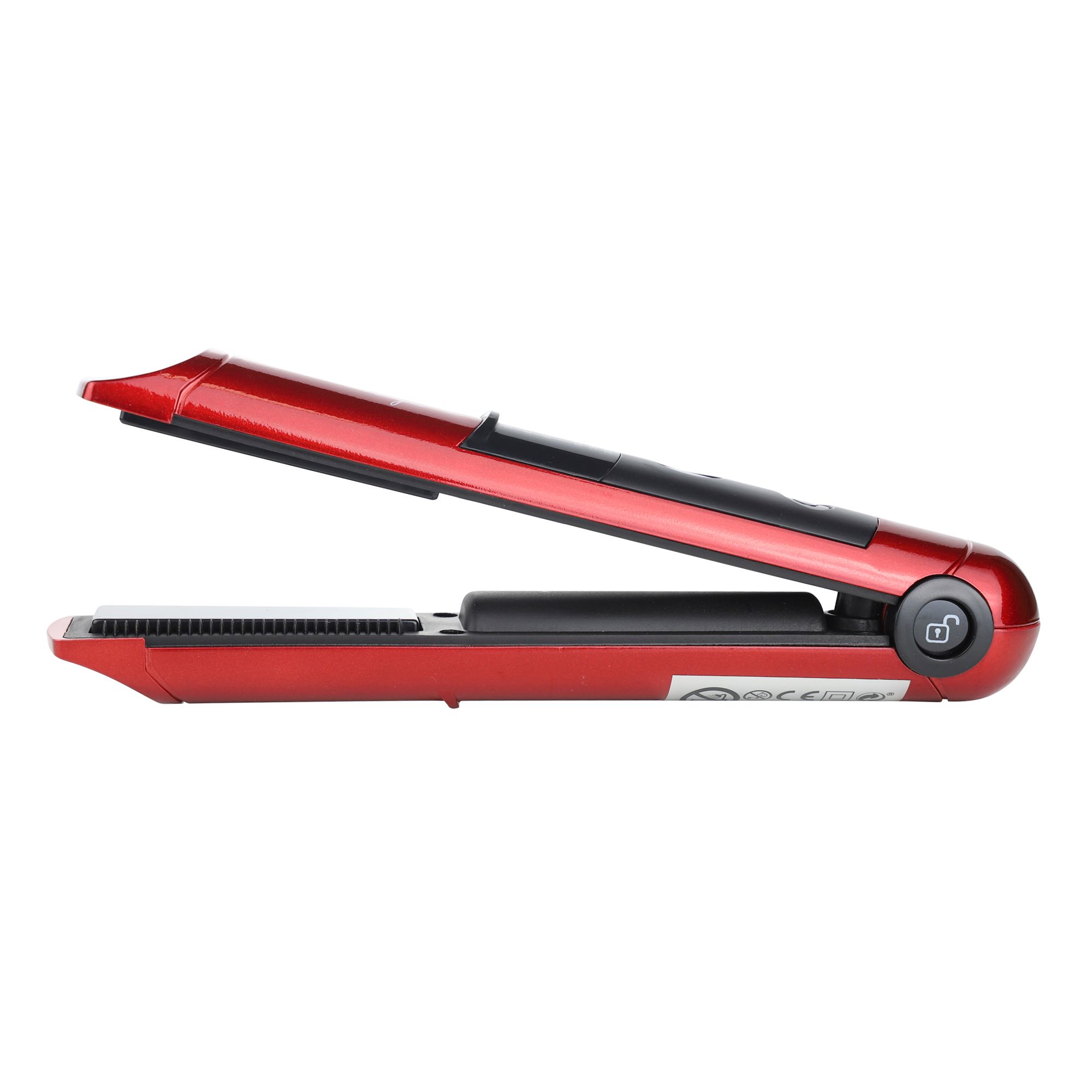 Arricciacapelli rosso senza fili ricaricabile via USB, vista laterale.