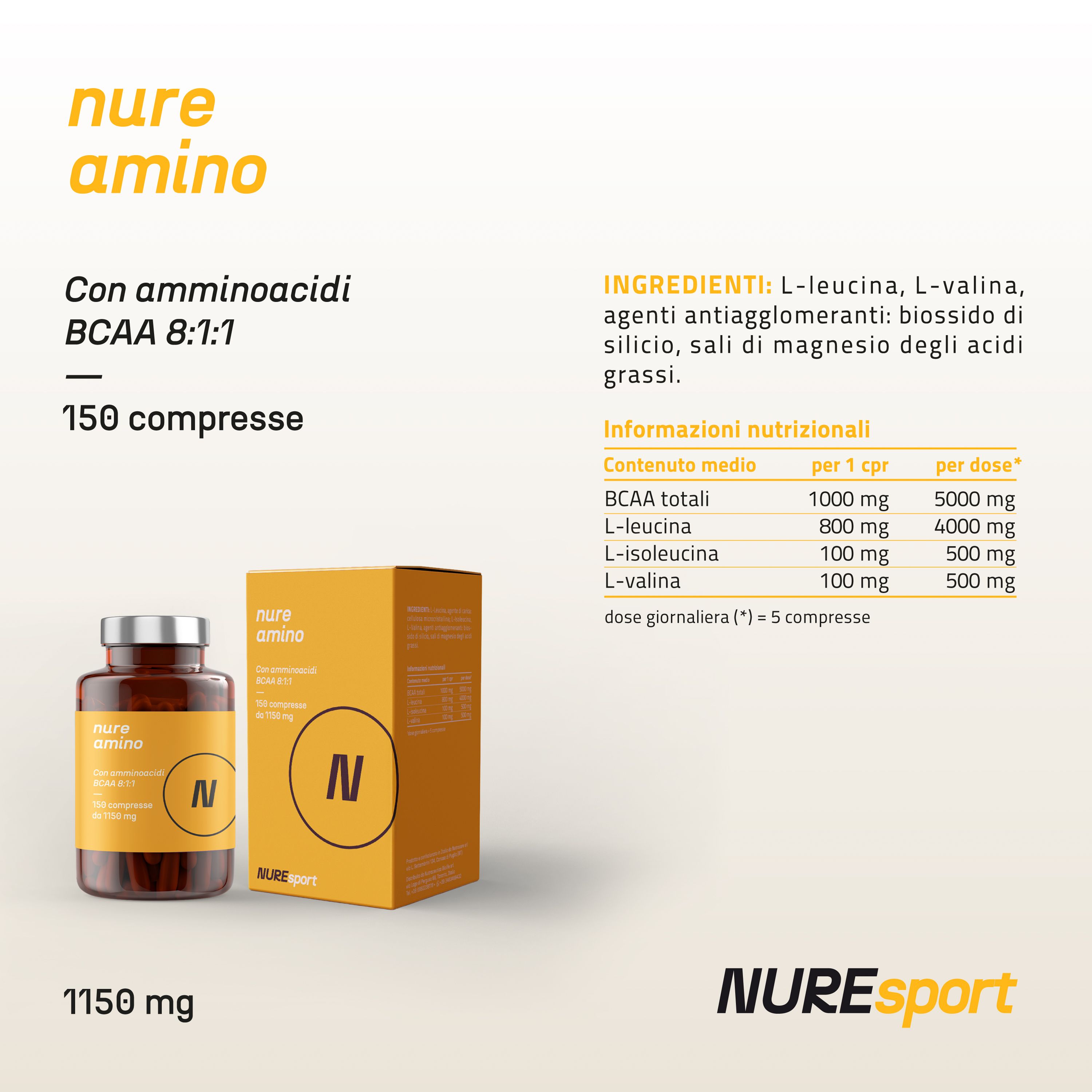 NURE Amino 150 compresse da 1150 mg | Integratore aminoacidi ramificati bcaa