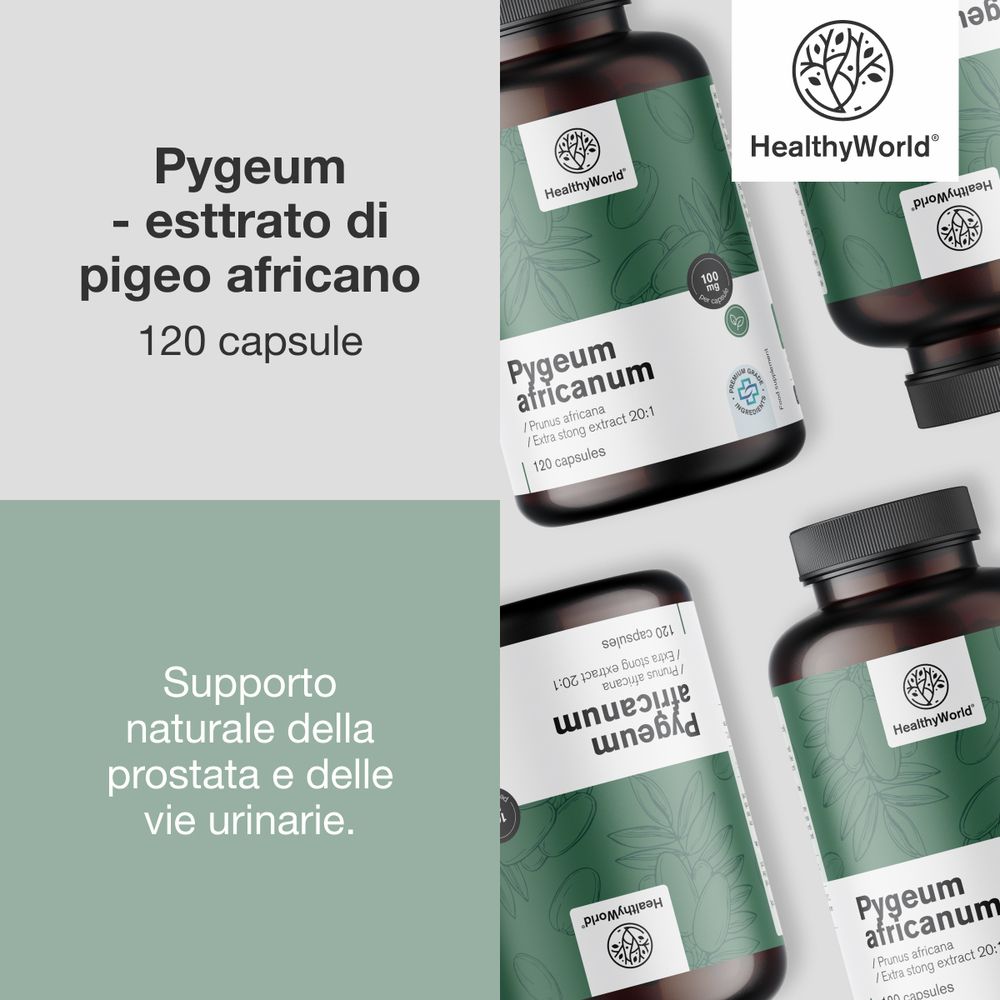 Diversi flaconi con capsule. Testo: Pygeum – estratto di pigeo africano, 120 capsule. Testo: prostata e vie urinarie.
