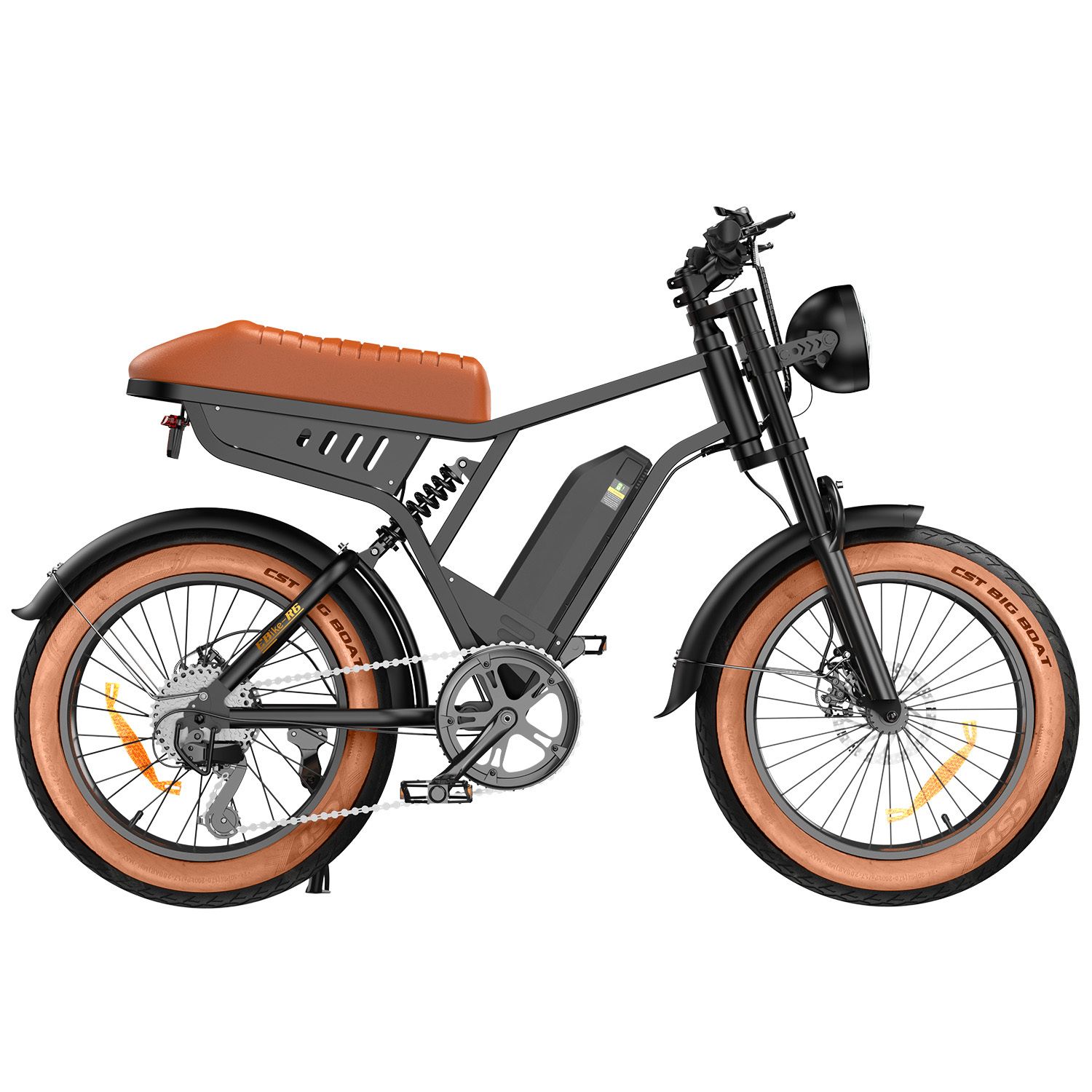 E-bike nera con sella e pneumatici marroni. Pneumatici larghi, faro e batteria.