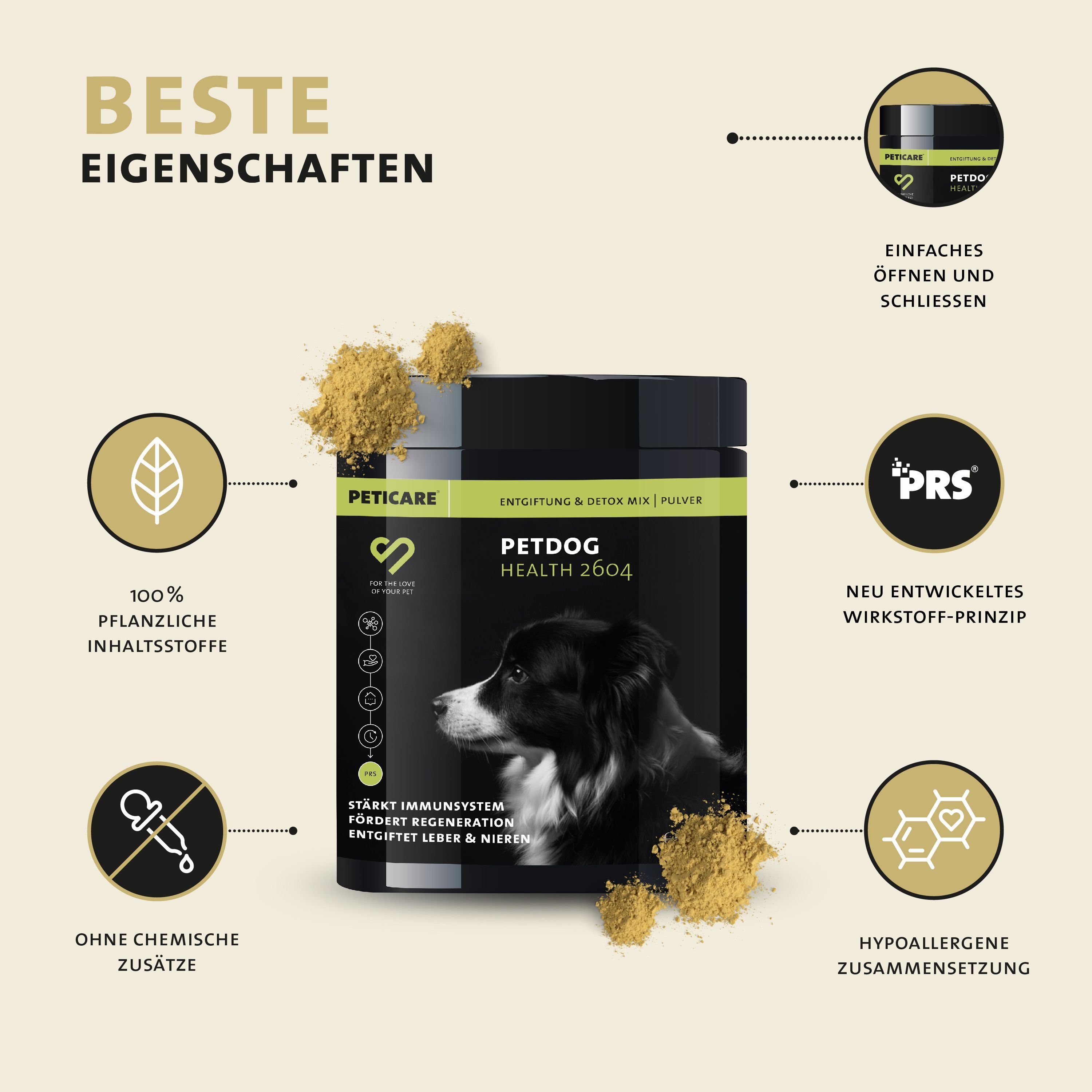 Contenitore in polvere Peticare Detox-Mix con icone: foglia, goccia, cerchio con C, esagono.