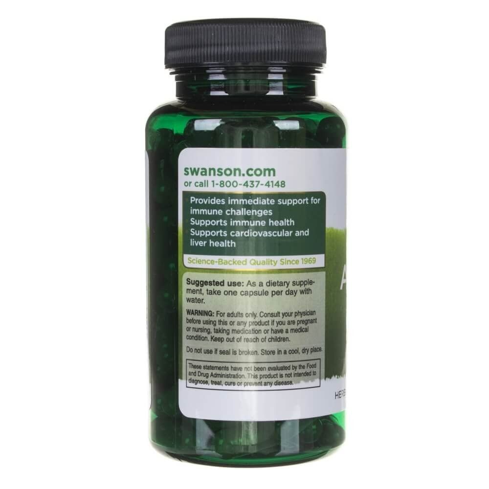 Retro di una bottiglia SWANSON Astragalus Root con istruzioni per l'uso e avvertenze.