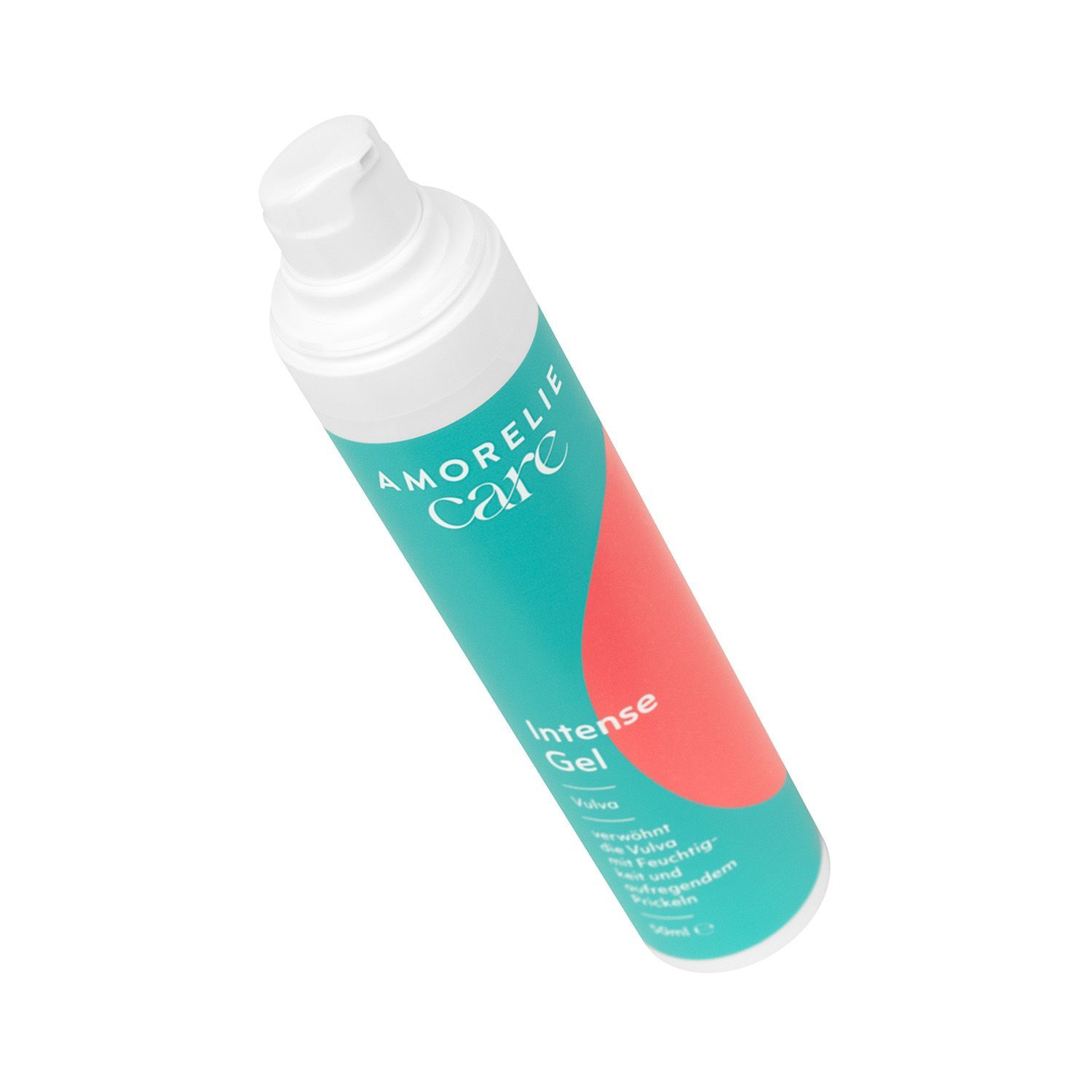 Flacone inclinato. Logo AMORELIE Care visibile. Design turchese e bianco con accento rosso. Testo: Intense Gel.