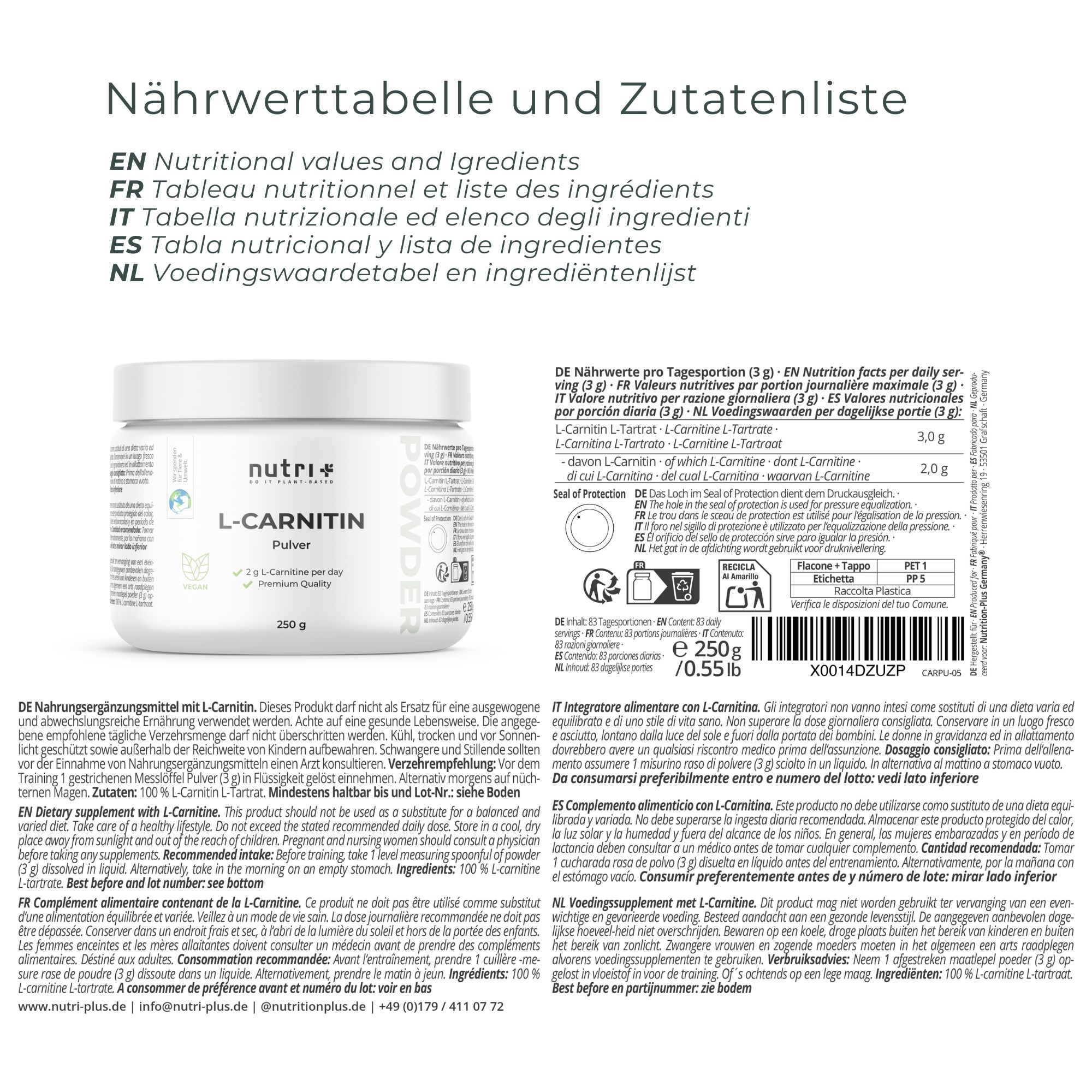 Barattolo di polvere di L-Carnitina con valori nutrizionali, lista ingredienti e sigilli.