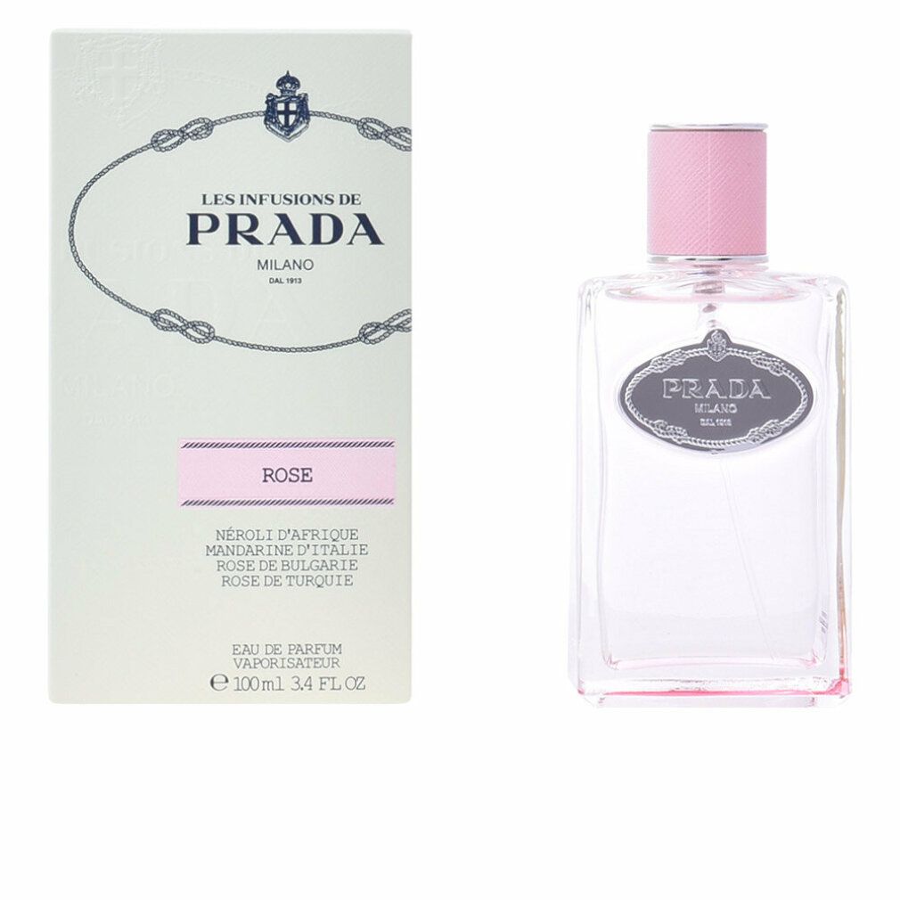 Flacone di profumo e confezione. Scritta: Prada Les Infusions de Rose.