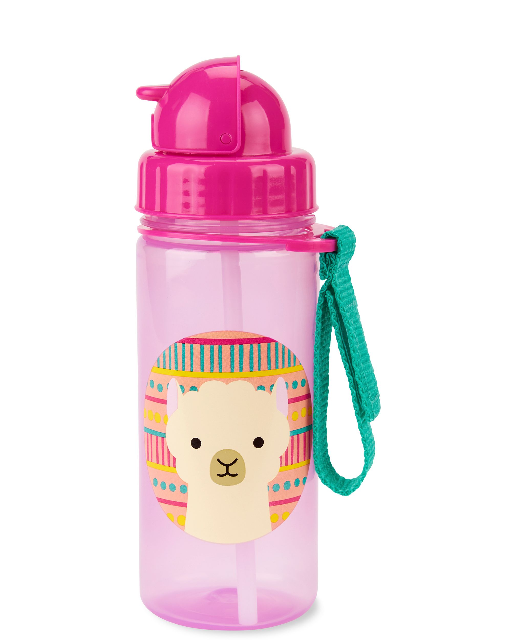 Borraccia rosa con motivo lama e cannuccia. Tracolla verde. Coperchio e chiusura rosa. Adesivo con volto di lama.