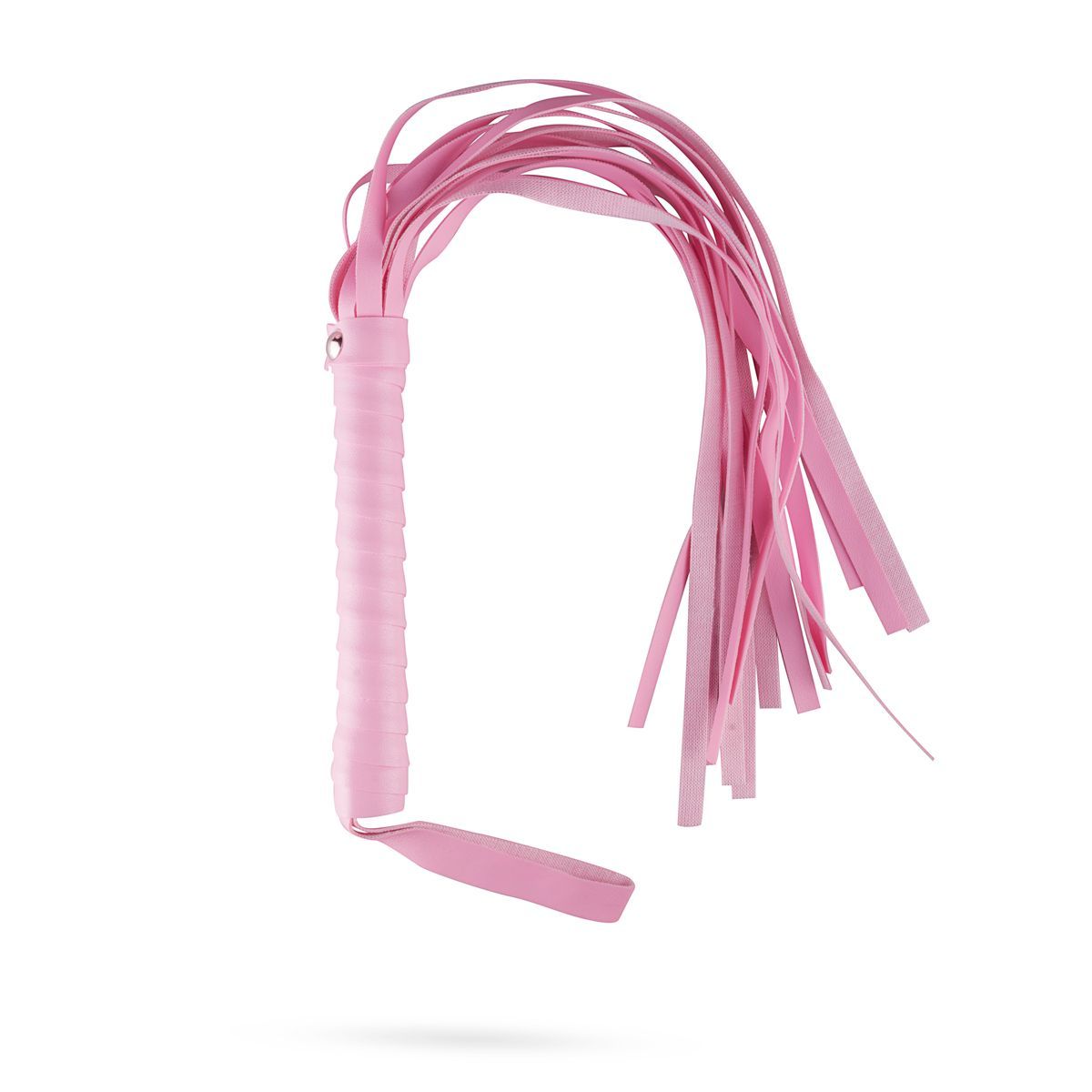 Frusta rosa con manico e frange. In pelle. Su sfondo bianco.