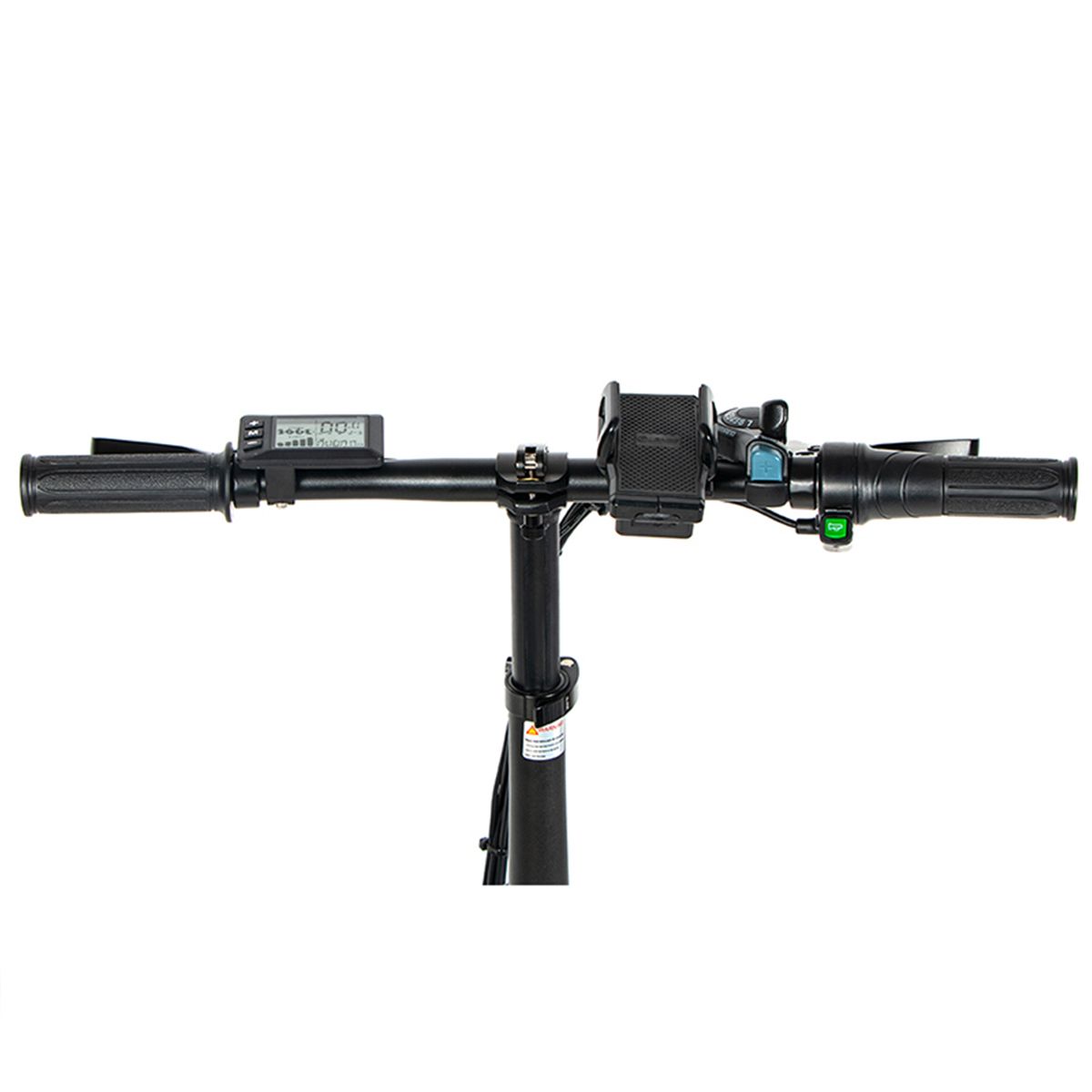 Manubrio di bicicletta elettrica. Manopole nere, display, comandi. Marchio SAMEBIKE. Vista dall'alto.