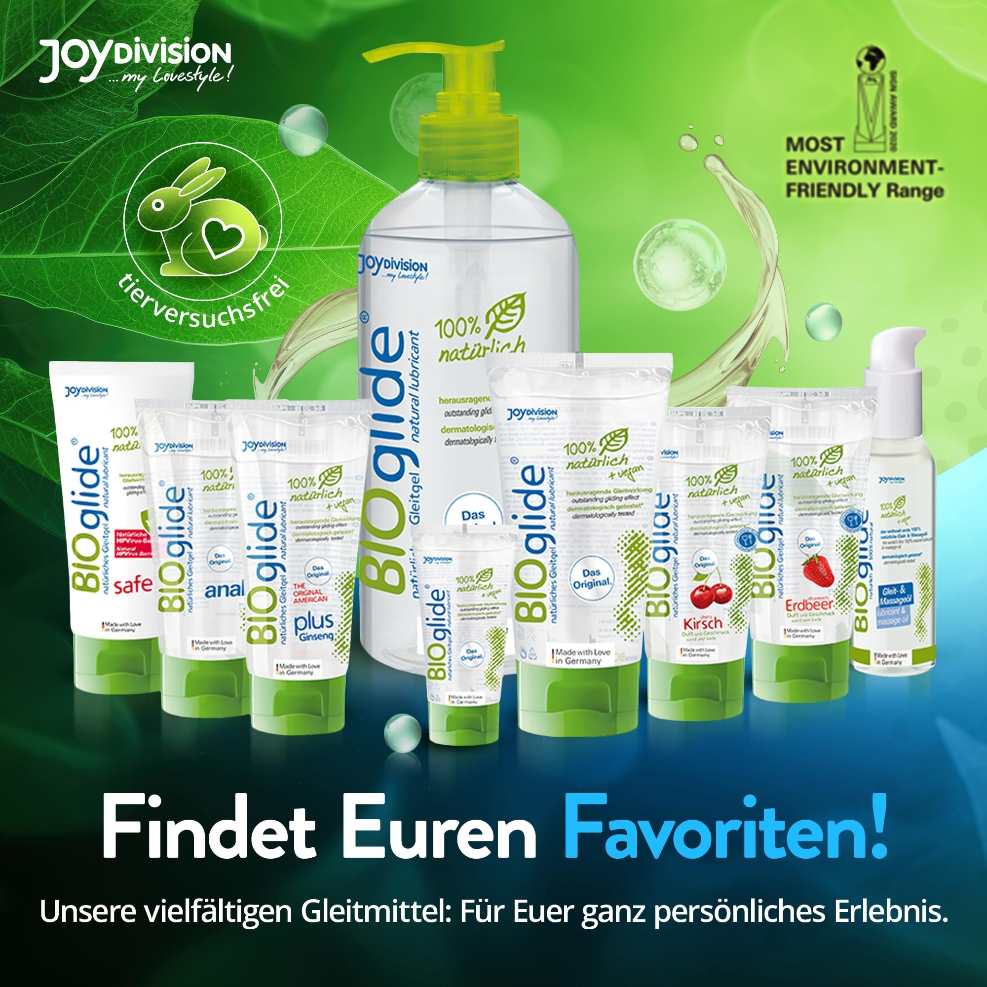 Gamma di lubrificanti BIOglide, inclusi flaconi e tubetti, con sigillo di coniglio per la non sperimentazione animale.