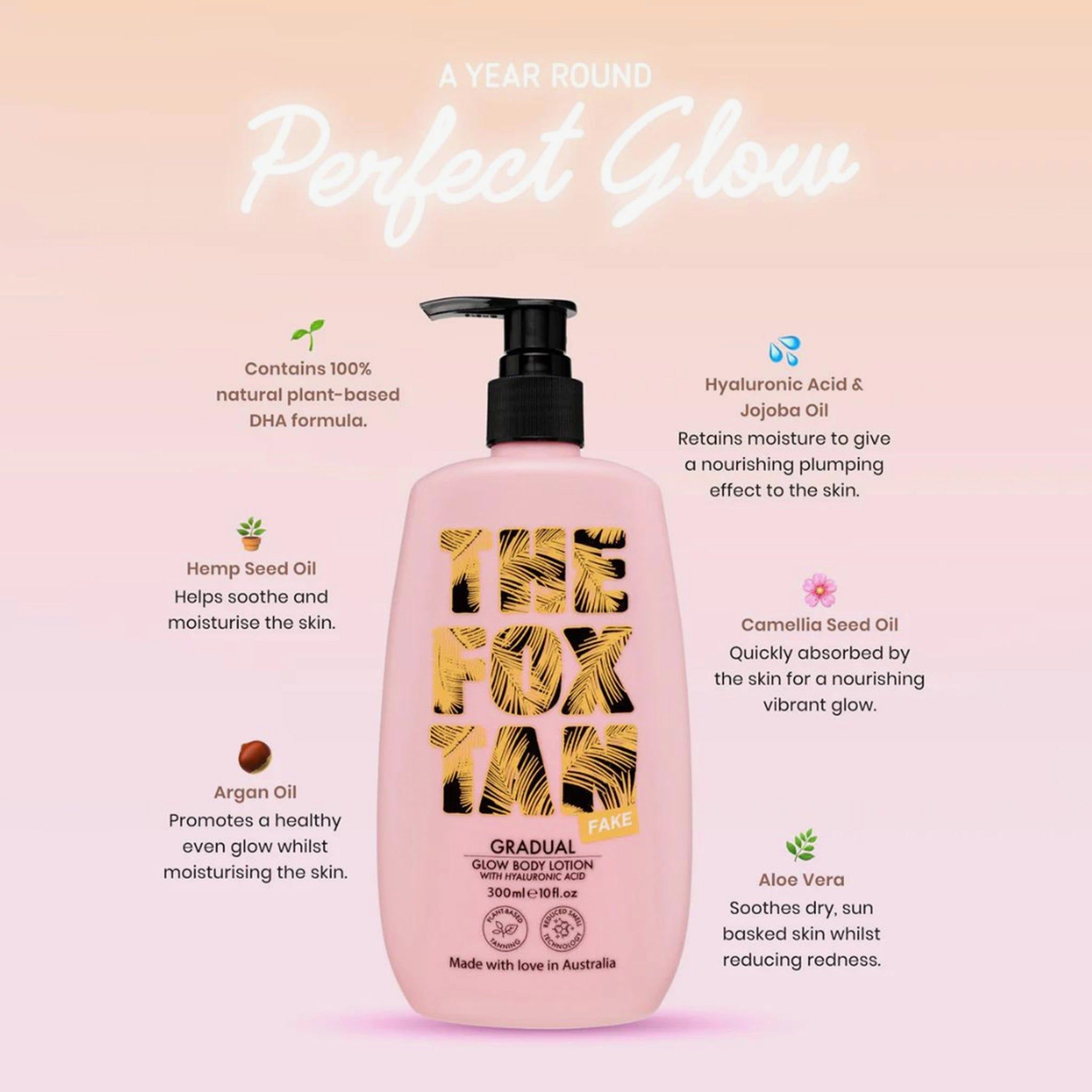 Flacone rosa con erogatore nero. Scritta: THE FOX TAN. Ulteriori informazioni sugli ingredienti e i benefici.