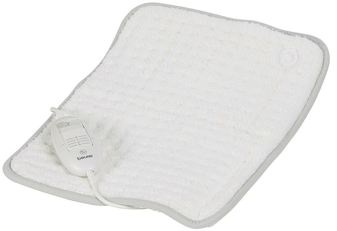 Cuscino riscaldante bianco con bordo grigio e controllo. Logo Beurer visibile. Controllo con pulsanti e display.