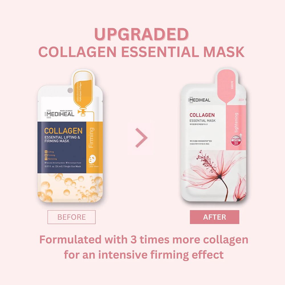 Confronto maschere viso. Sinistra: Collagen Lifting & Firming Mask. Destra: Collagen Essential Mask. Testo: Upgraded Collagen Essential Mask.
