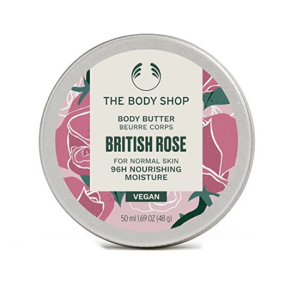 Barattolo rotondo "British Rose". Motivo rose rosa. Logo "The Body Shop". Sigillo "Vegan".