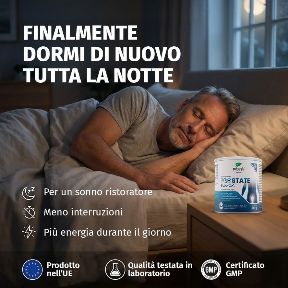 Uomo dorme, barattolo Nature's Finest Prostate Support, icone sonno, energia, prodotto UE.