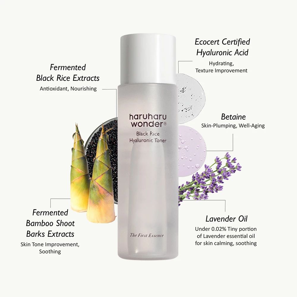 Flacone di HARUHARU WONDER Black Rice Hyaluronic Toner con indicazioni sugli ingredienti e certificazioni. Germogli di bambù e lavanda.