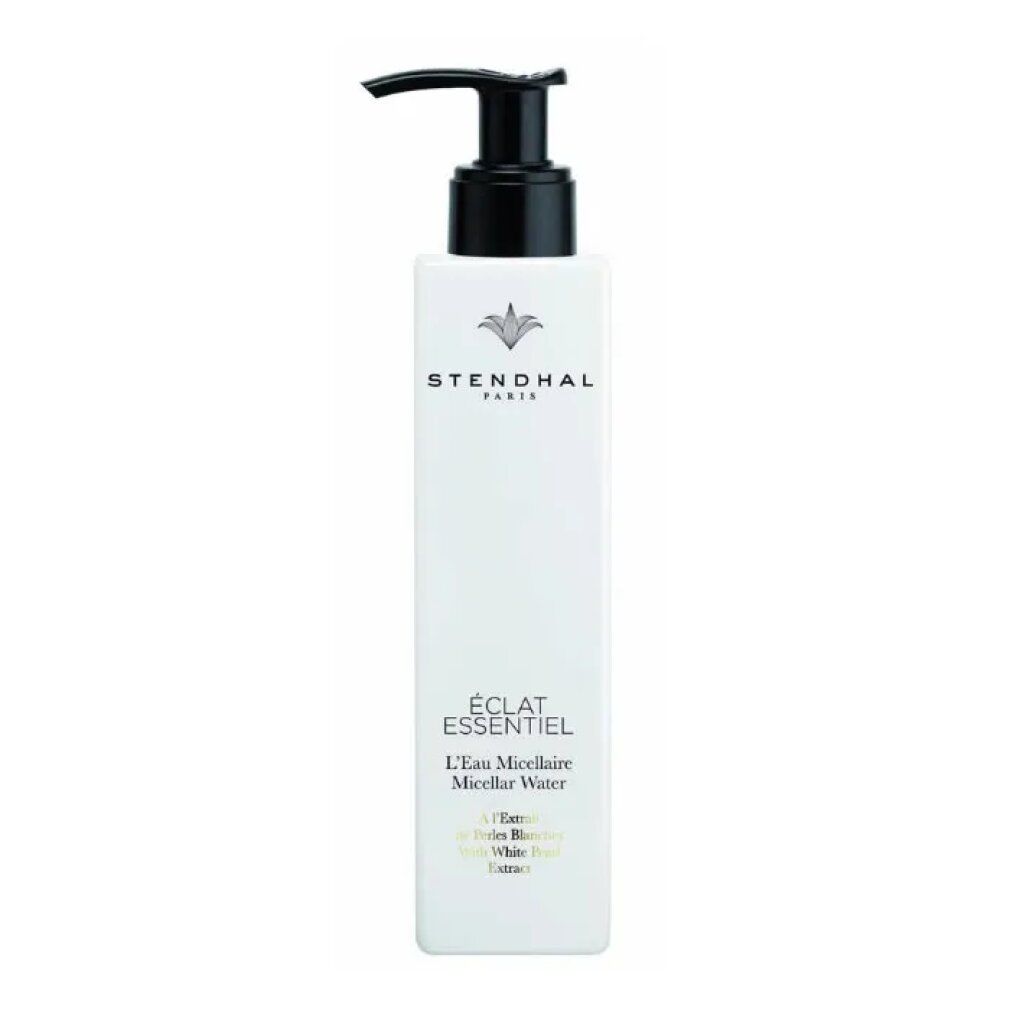 Flacone bianco con erogatore nero. Scritte: Stendhal Paris, Éclat Essentiel, L'Eau Micellaire, Estratto di Perle Bianche.