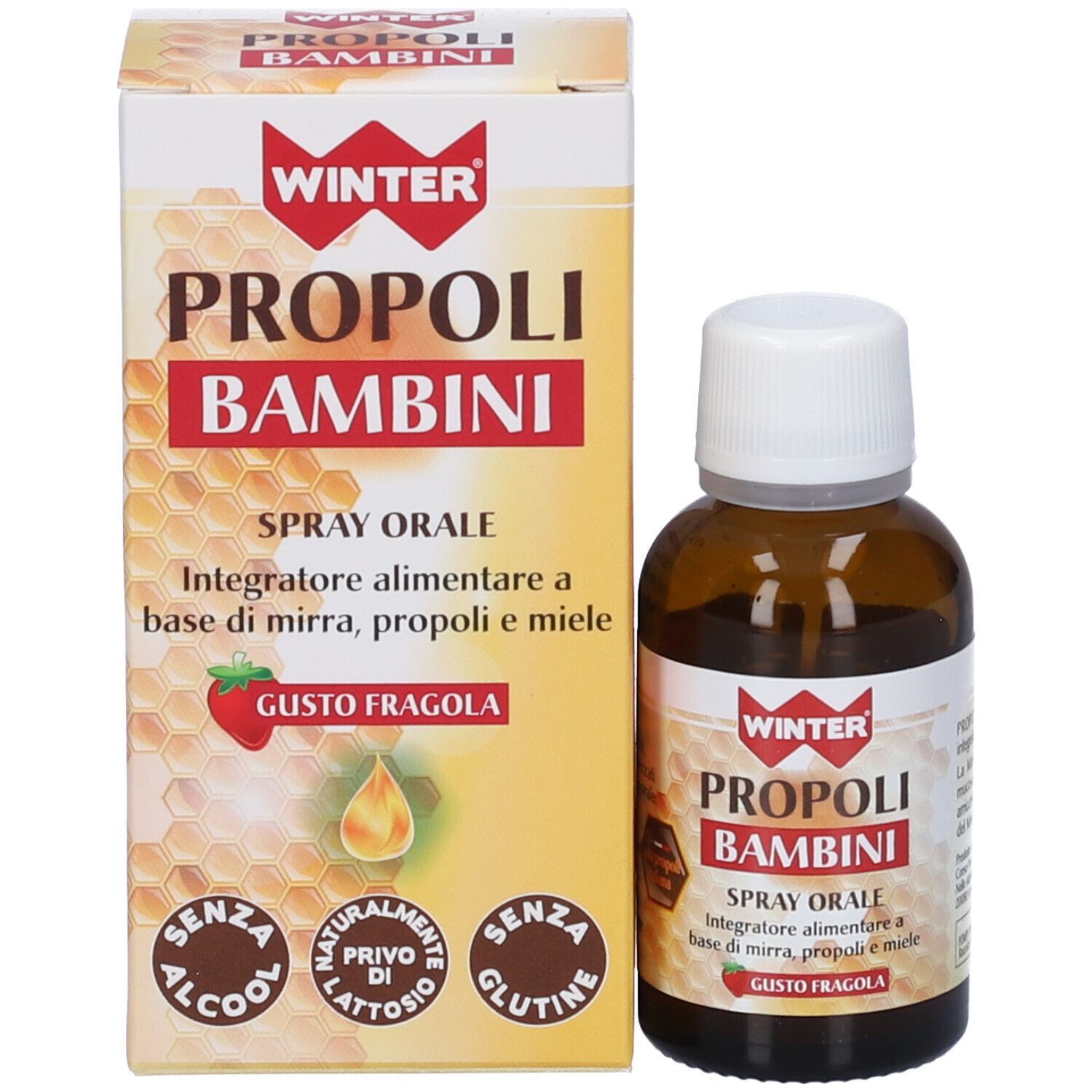 Winter Propoli Bambini Spray Gusto Fragola. Flacone e confezione. Nome del prodotto e gusto. Senza alcool, lattosio, glutine.