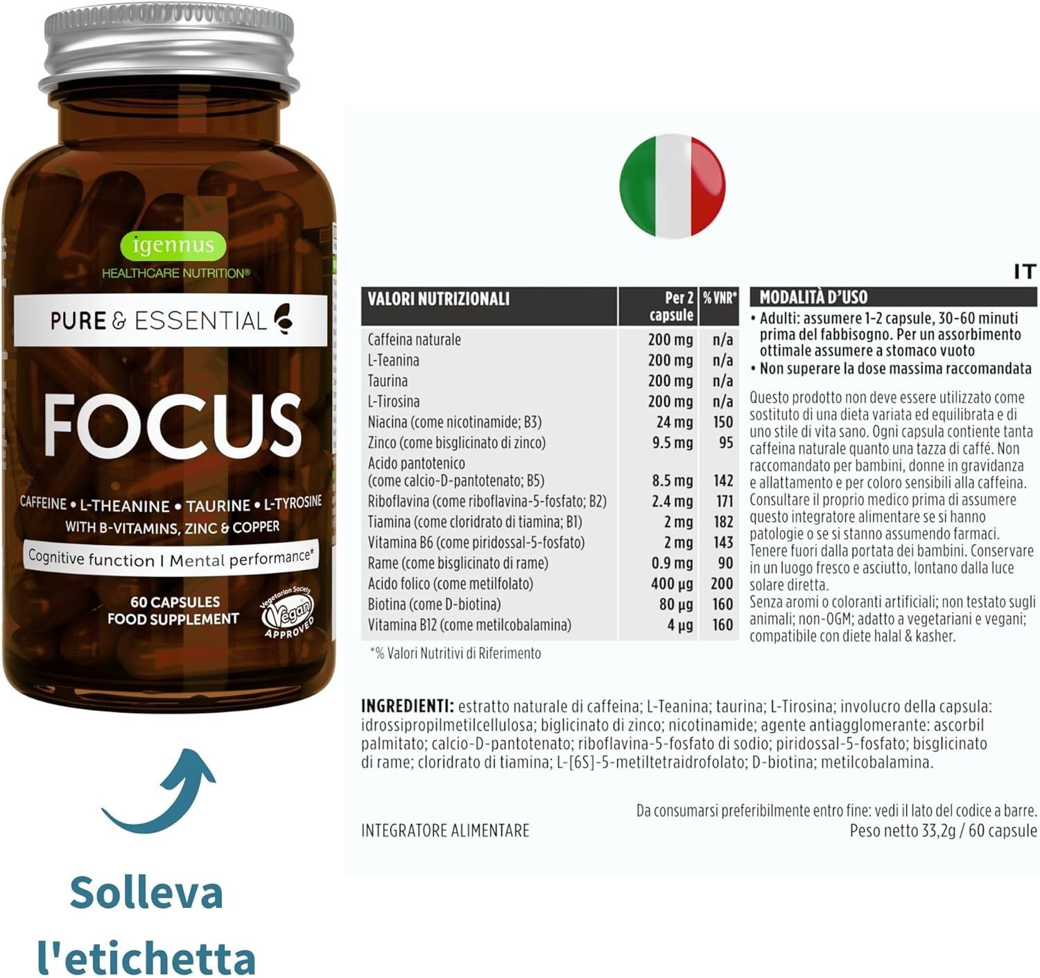 Due flaconi Igennus Focus con caffè e muesli.