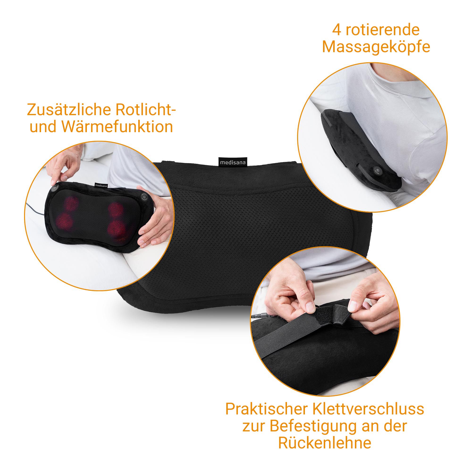 Cuscino massaggiante Shiatsu nero con luci rosse, funzione luce rossa e calore.