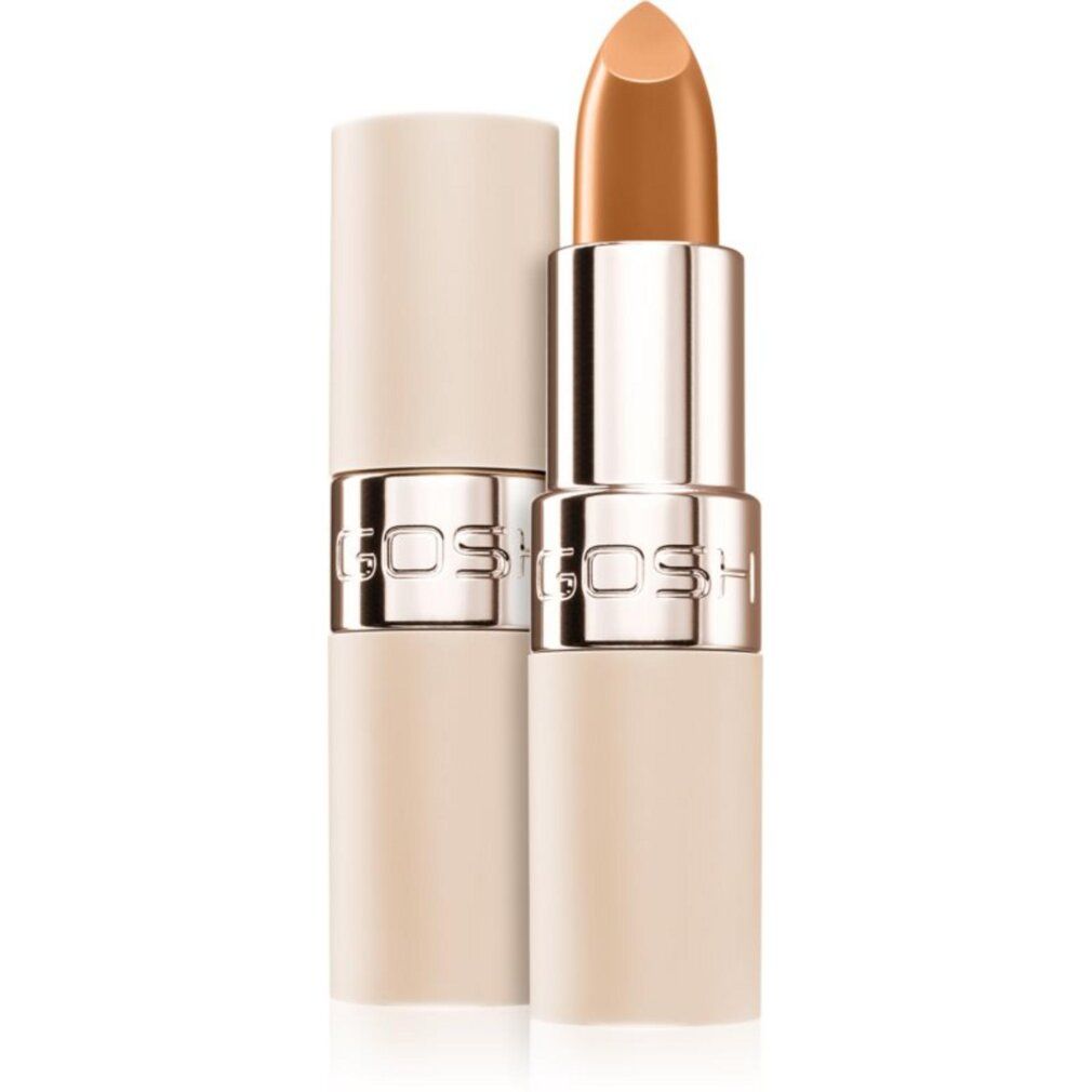 Rossetto in astuccio beige, aperto e chiuso. Il rossetto è marrone dorato. Il prodotto è di Gosh.