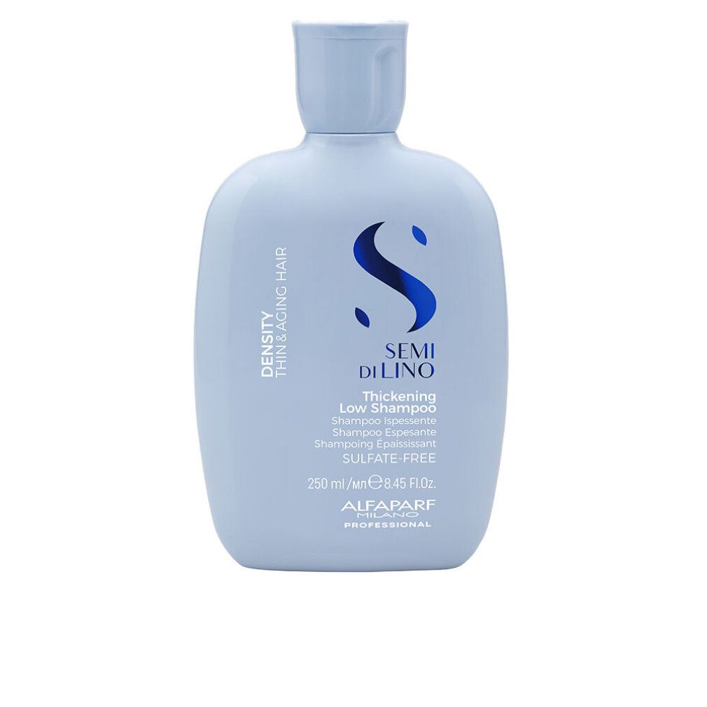 Flacone di shampoo azzurro. Testo: Semi Di Lino, Thickening Low Shampoo, Density Thin & Aging Hair, Sulfate Free. Marchio Alfaparf.